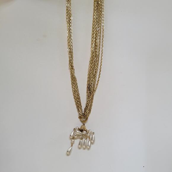 Vintage Gold Tone Multi Chain Necklace With Faux Pearl Teardrop Cluster Pendant - Picture 2 of 9